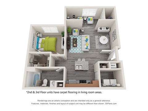 Floor plan for 1 bed, 1 bath, 891 sqft